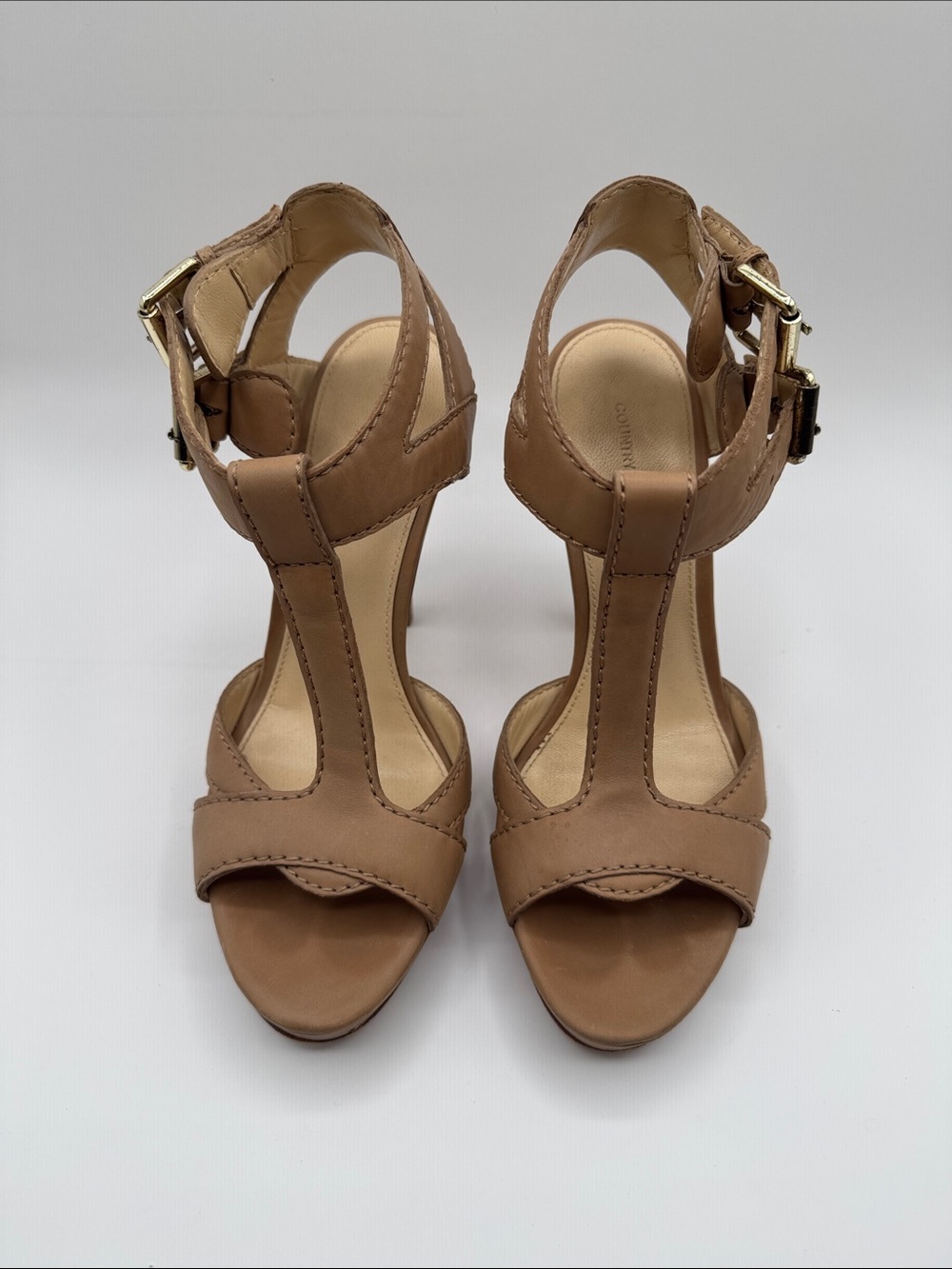 Country Road Tan Leather T Strap Ankle Buckle Heels Block Stiletto Size 38